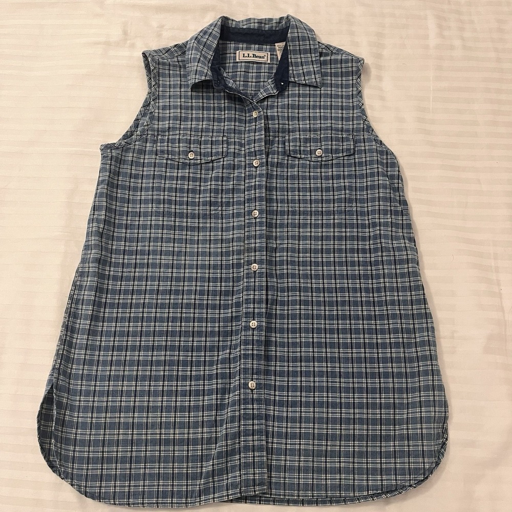LL Bean Sleeveless Plaid Button Up Shirt Women M 100 Cotton VTG 90s Camp Outdoor